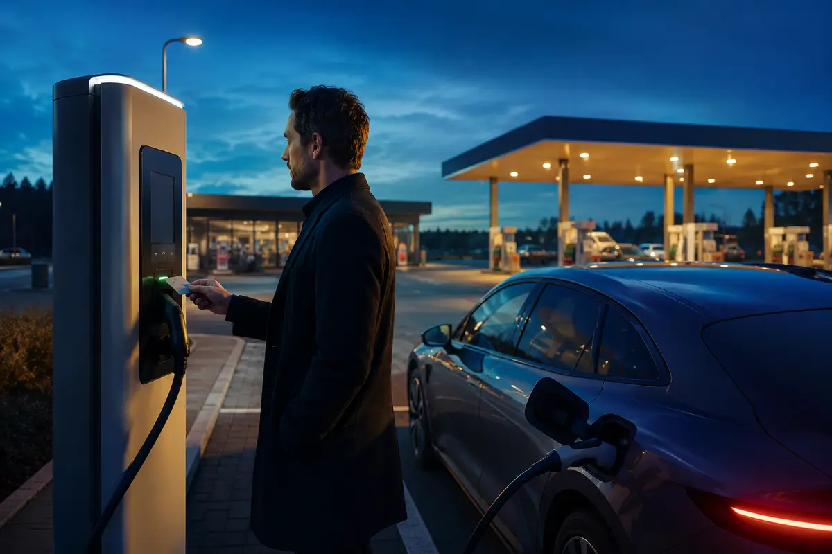 Elektrische auto bij een laadpunt en servicestation