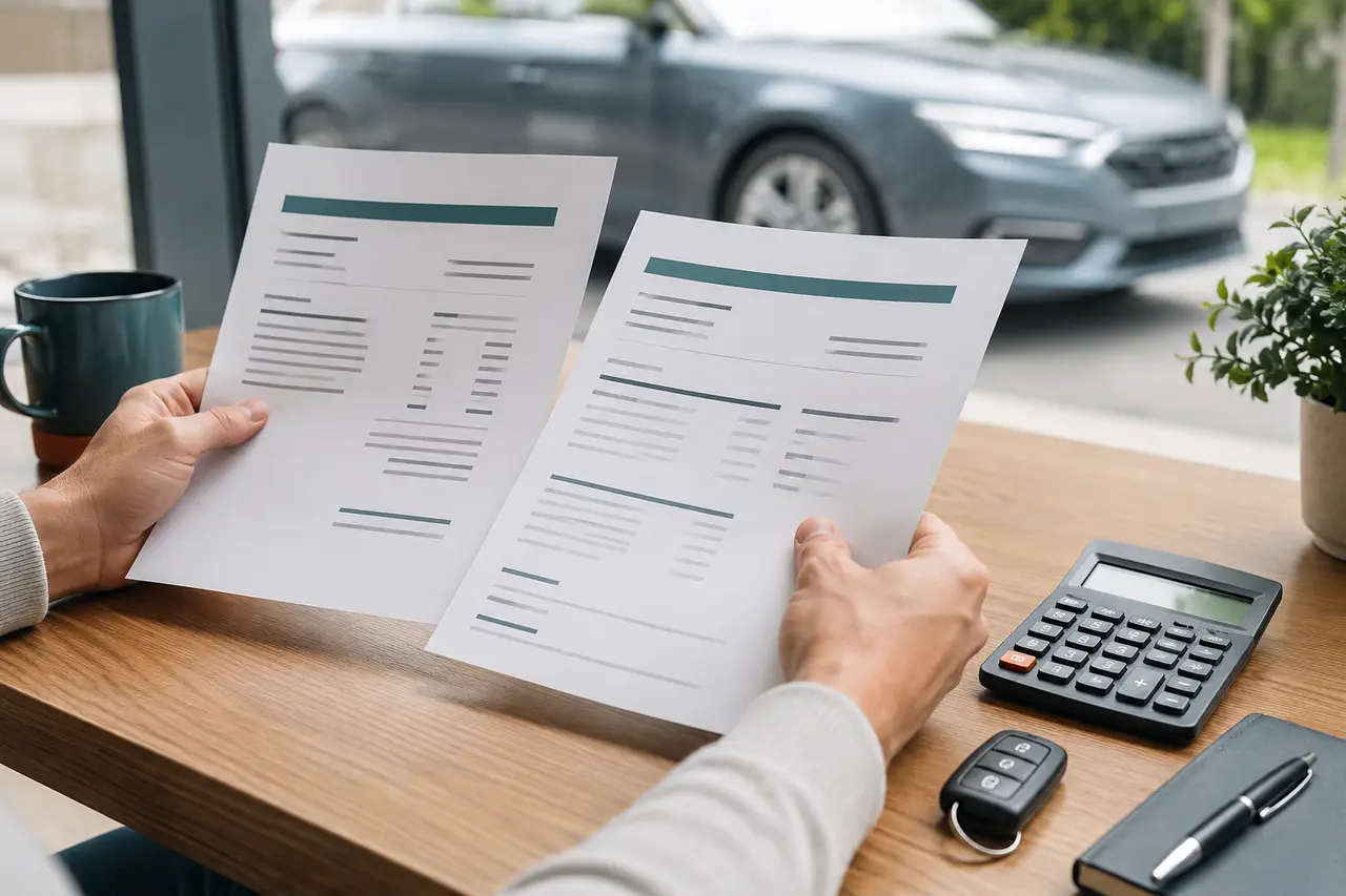 Leasecontracten, autosleutel en calculator op tafel