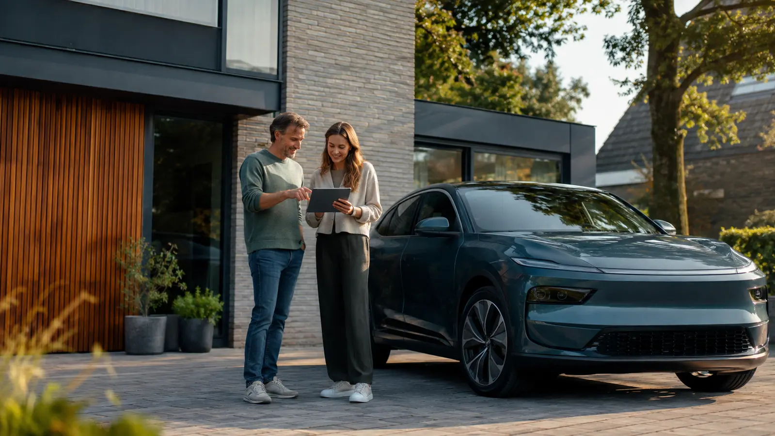Stel vergelijkt een elektrische leaseauto bij een Nederlandse woning