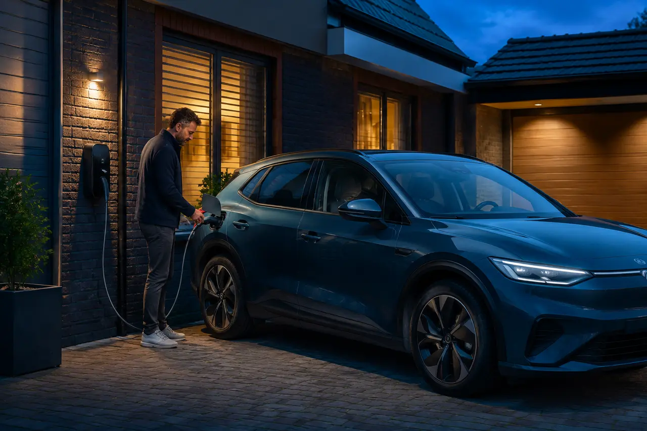 Elektrische leaseauto wordt thuis geladen
